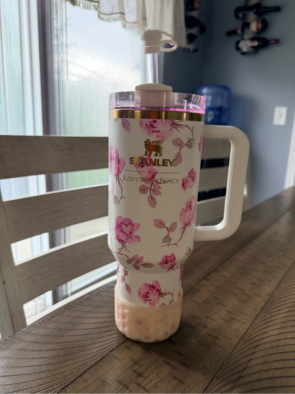 Stanley 40 oz  White Travel Mug with Pink Rose Floral Design and Gold Logo